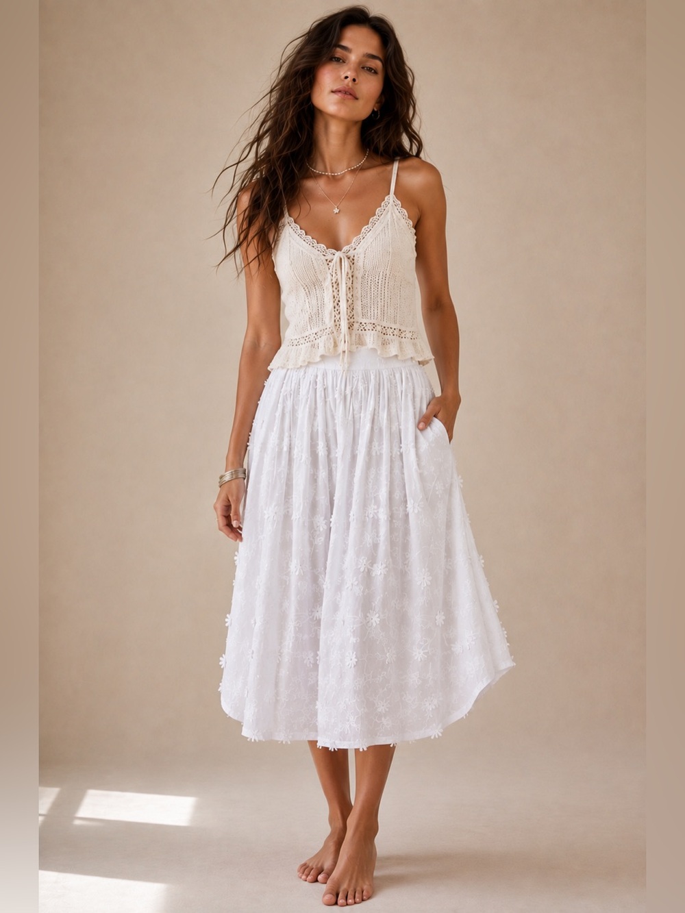 HYSVE White Embroidered Floral Midi Skirt Cottagecore Boho Small
